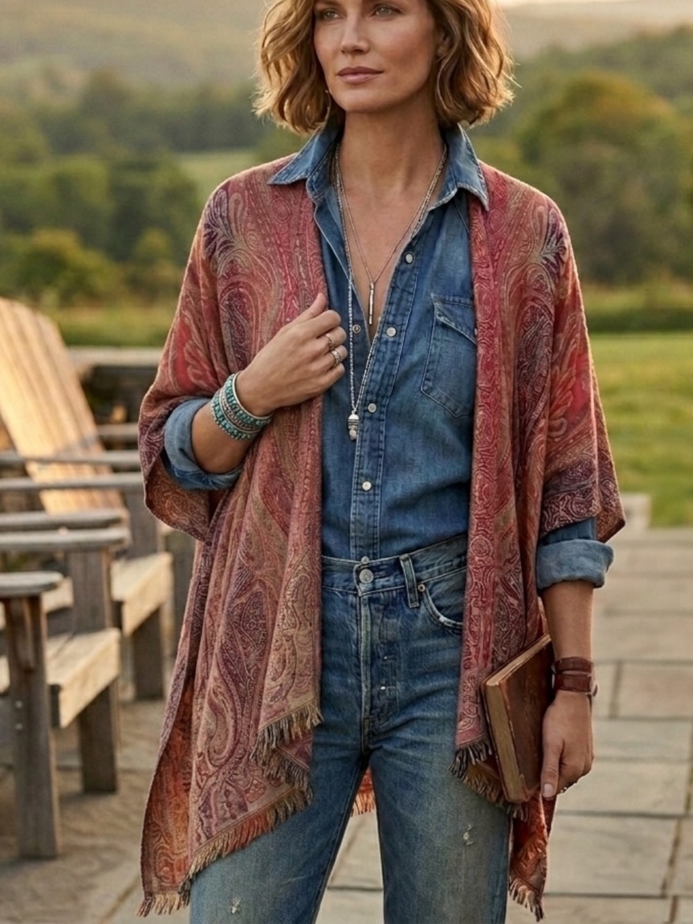 Chico’s Ruana Intricate Paisley Viscose Polyester Scarf Kimono One Size OS